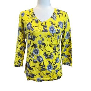 Talbots Yellow Blue Floral Top V Neck 3/4 Sleeve Slub Knit Dopamine Garden PS
